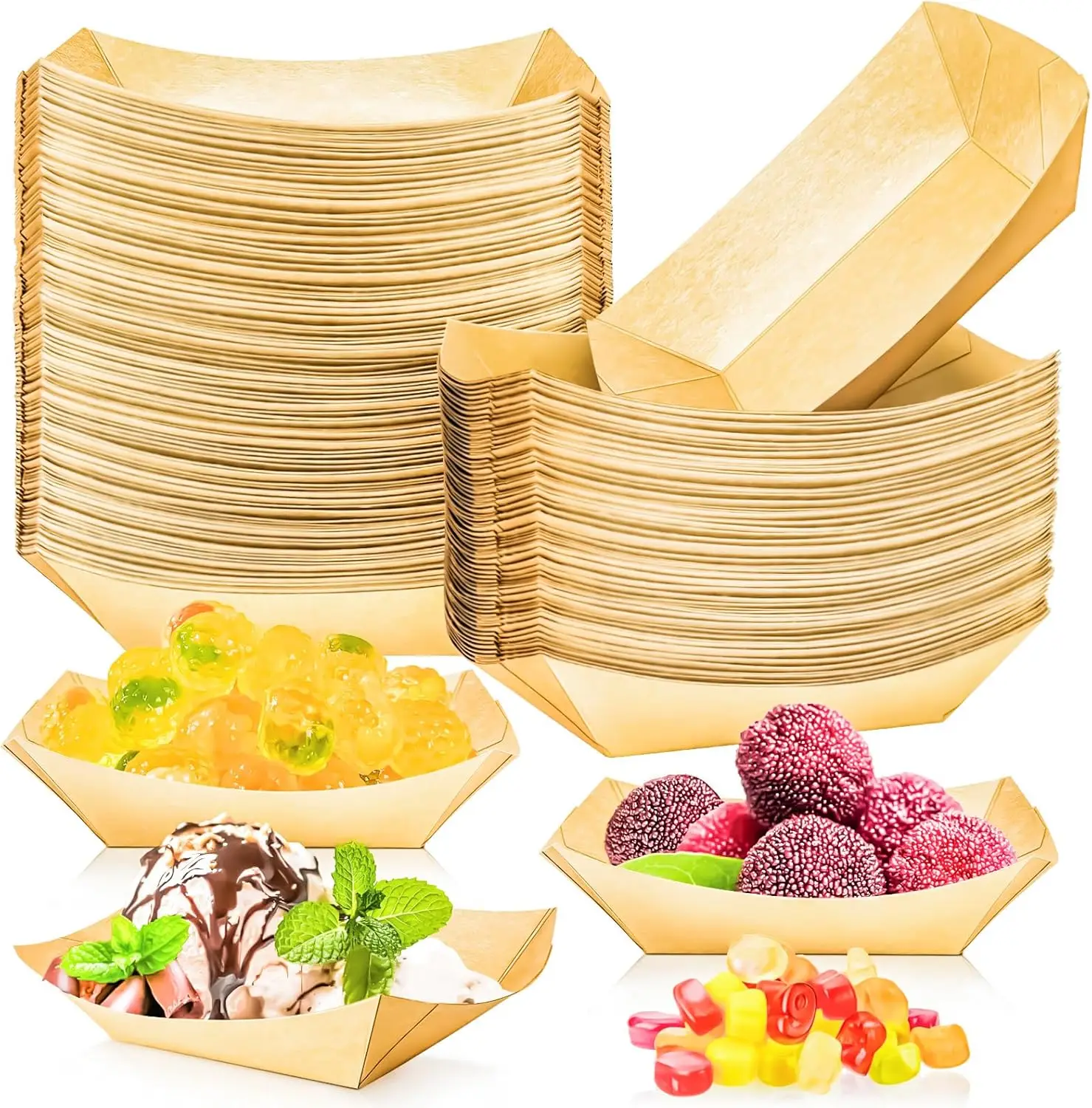 

100 Pack 1/4Lb Paper Food Boat Trays Disposable Mini Kraft Serving Bowls for Snack Fries Dessert Popcorn Sauce BBQ Taco Nacho