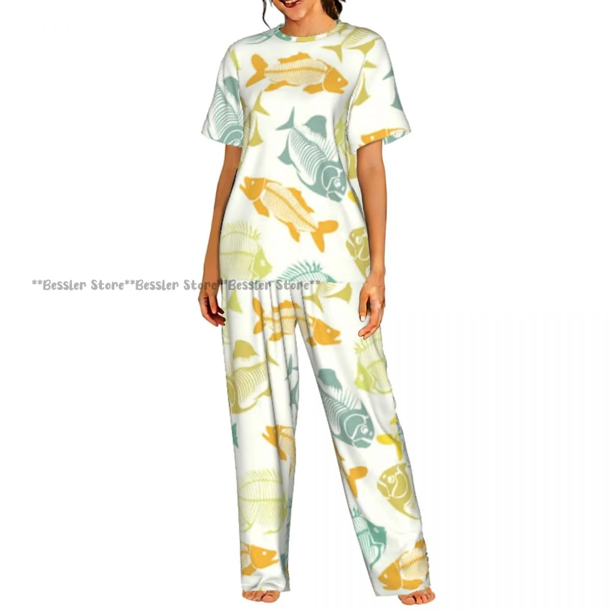 

Women Pajama Sets Lounge Sleepwear Colorful Fish Skeleton Short Sleeve Nightwear