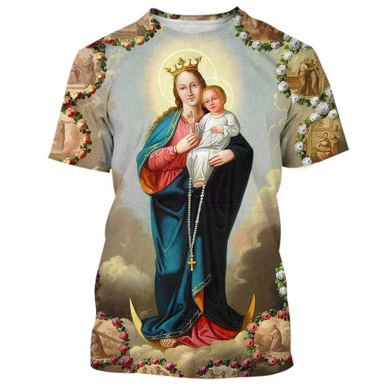 Guadalupe Mexico Virgin Mary 3D Printed T-shirt Fashion Casual Short-sleeved Harajuku Christian Faith T Shirt Tops Women Tees