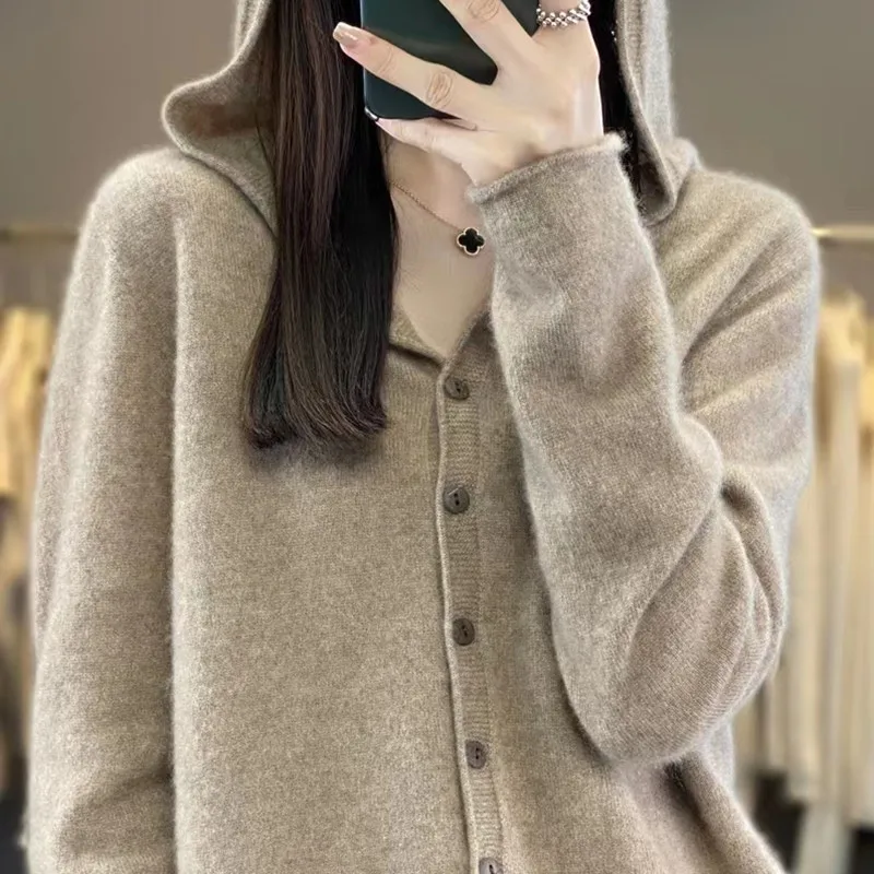 2024 Hot Sale Autumn Women\'s Cardigan 100% Wool Knitted Sweater Chic Tops Cashmere Coat Hooded Collar Loose Large Size Women\'s