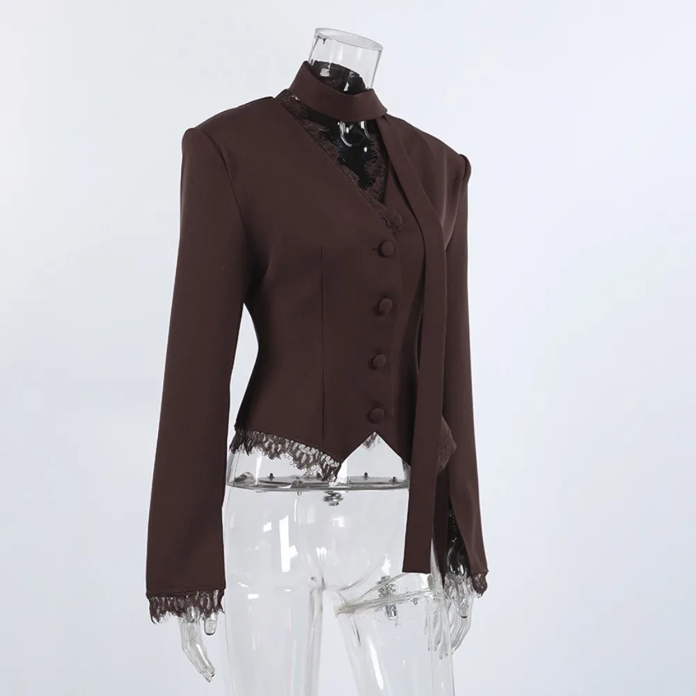 Refined Style V Neck Women Lace Blazer Waist Taper Lace Weave Suit Outerwear Fall Season White Tone Formal Coat Casual Gathering
