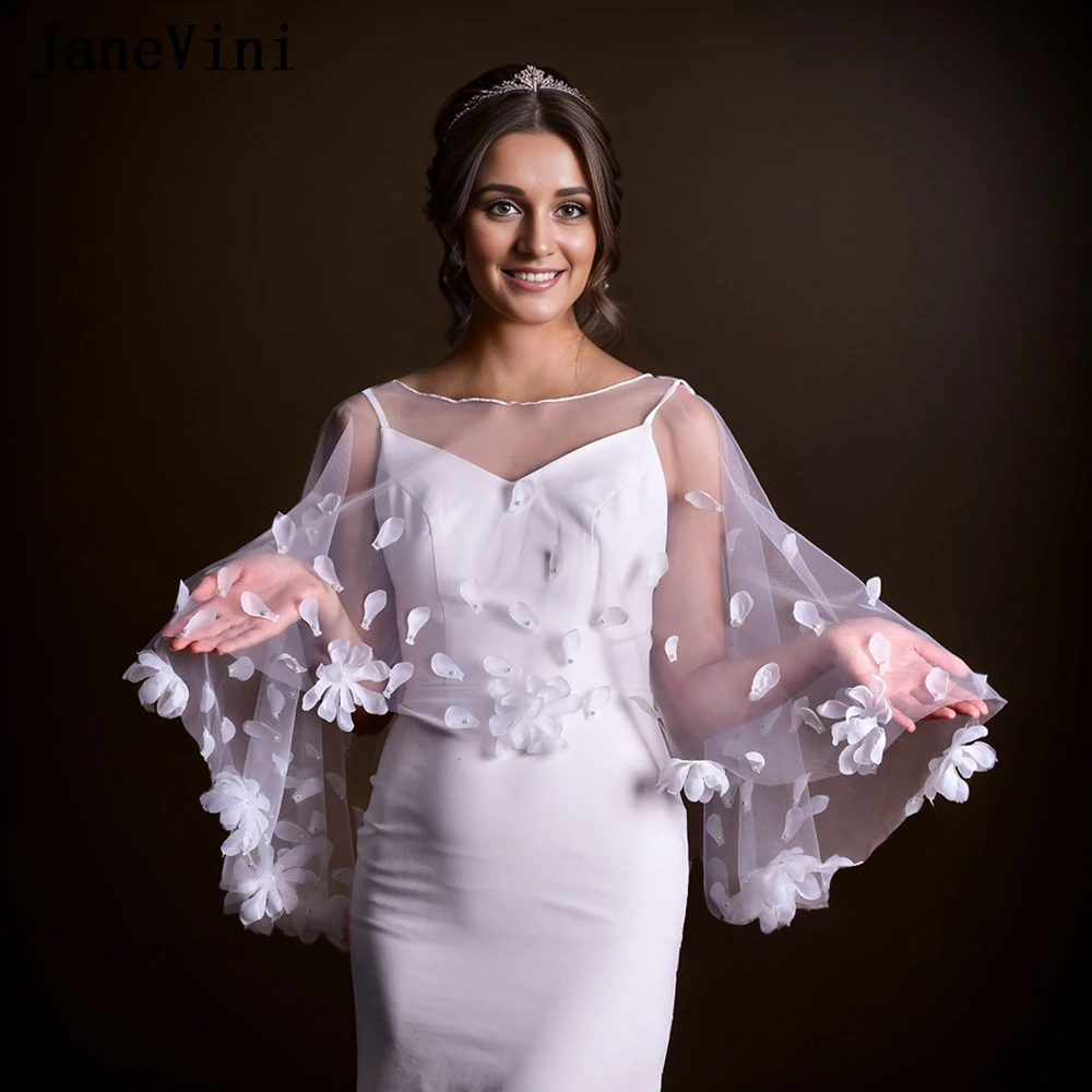 

JaneVini Romantic White Flowers Bridal Wraps Bolero Petals Pearls Bride Wedding Dress Cape Woman Tulle Evening Shrug Shawl Cloak