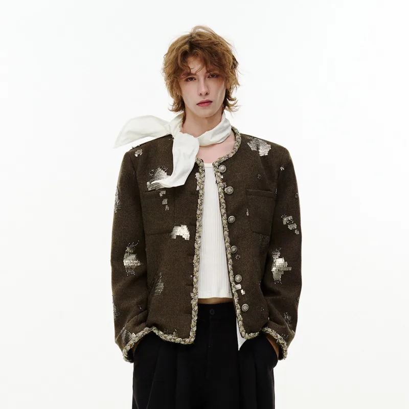 WVGA Spring Autumn New Men Light Luxury Embroidered Sequin Trendy O-Neck Jackets Fashionable Design Niche Casual Tops Ins W28506