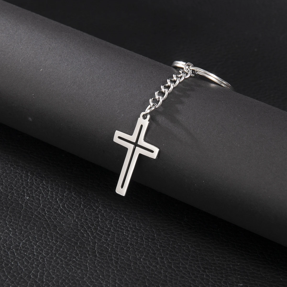 Punk Christian Cross Pendant Men'S Keychain Stainless Steel Chain To Make Keyring Car Keyholder Hook Religious Jewelry Gift