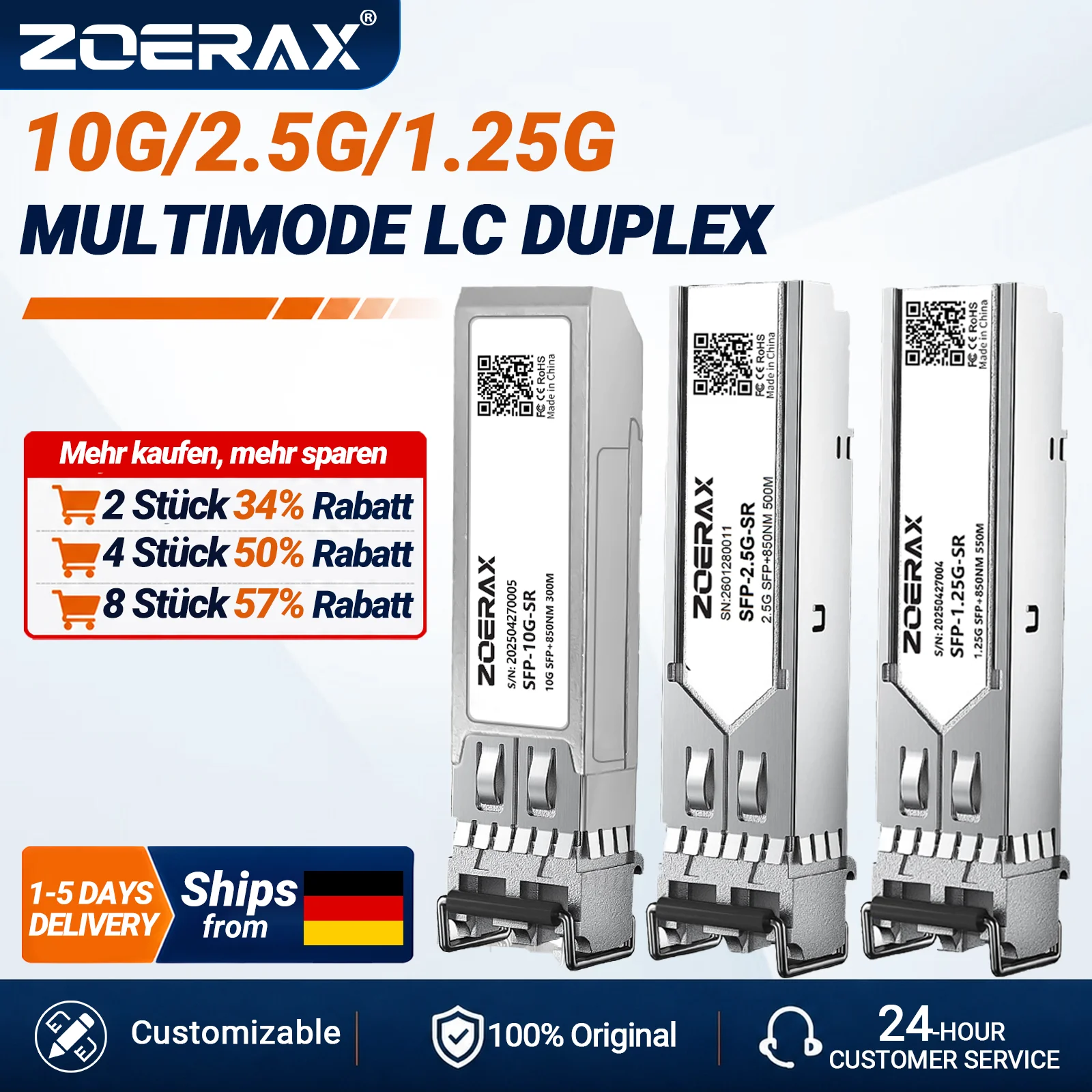 ZoeRax 1.25/2.5/10G SFP Multi-Mode LC Duplex Transceiver-Modul 850nm 550/500/300m DDM Glasfasermodul Plug-and-Play