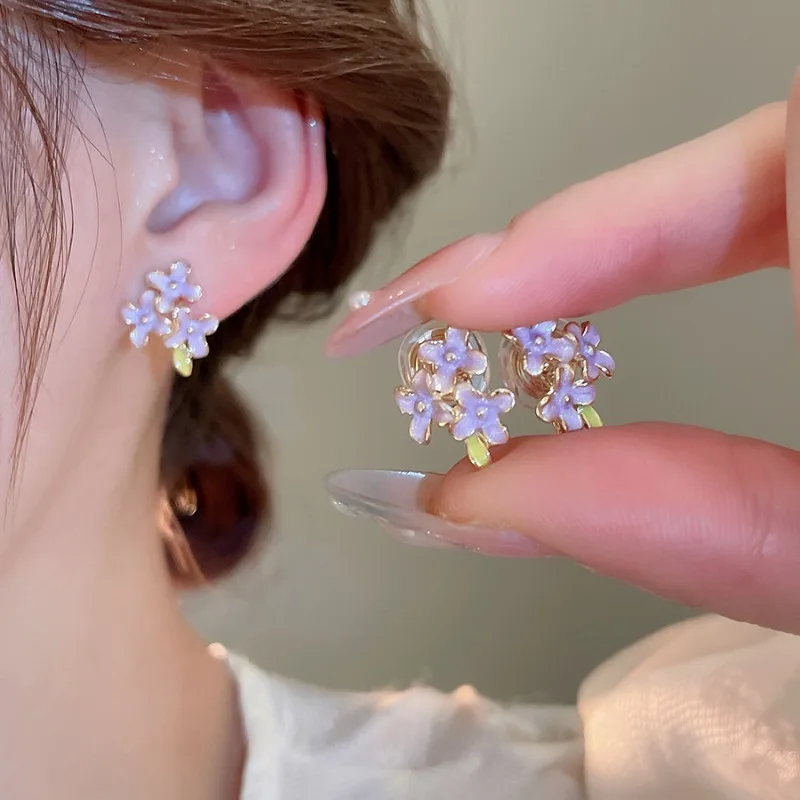 Fresh Sweet Purple Flower Stud Earrings for Women Gentle Temperament Dripping Earring Light Luxury High-end Jewelry Gift A1