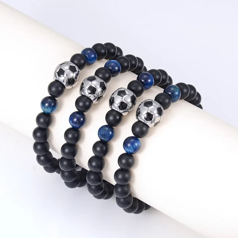 Fashion Purple Agate Football Pattern Bracelet Handmade Black Frosted Beaded Bracelet Versatile Bold Personalized Jewelry