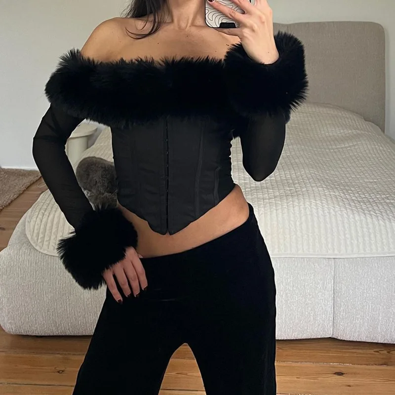 Off The Shoulder Long Sleeve Tops with Feather Blouse Women Sexy Corset Crop Top Party Club Bustier Fashion Slim Shaper Camisole