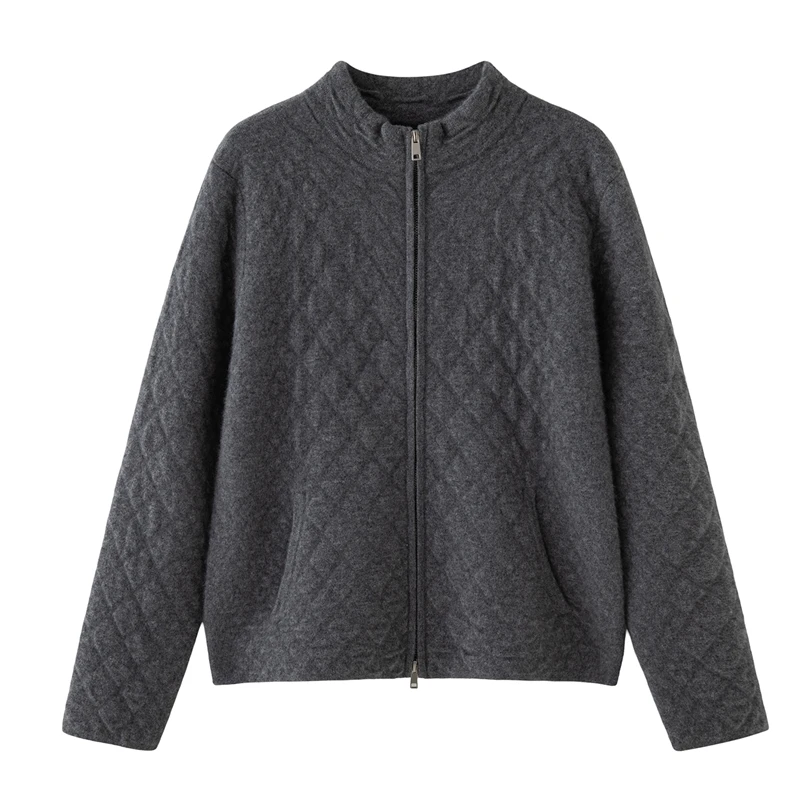 

Женский свитер из 100% кашемира, кардиган на молнии с воротником-стойкой, пальто, осень-зима, плотное кашемировое пальто с хлопковой текстурой, трикотажный топ