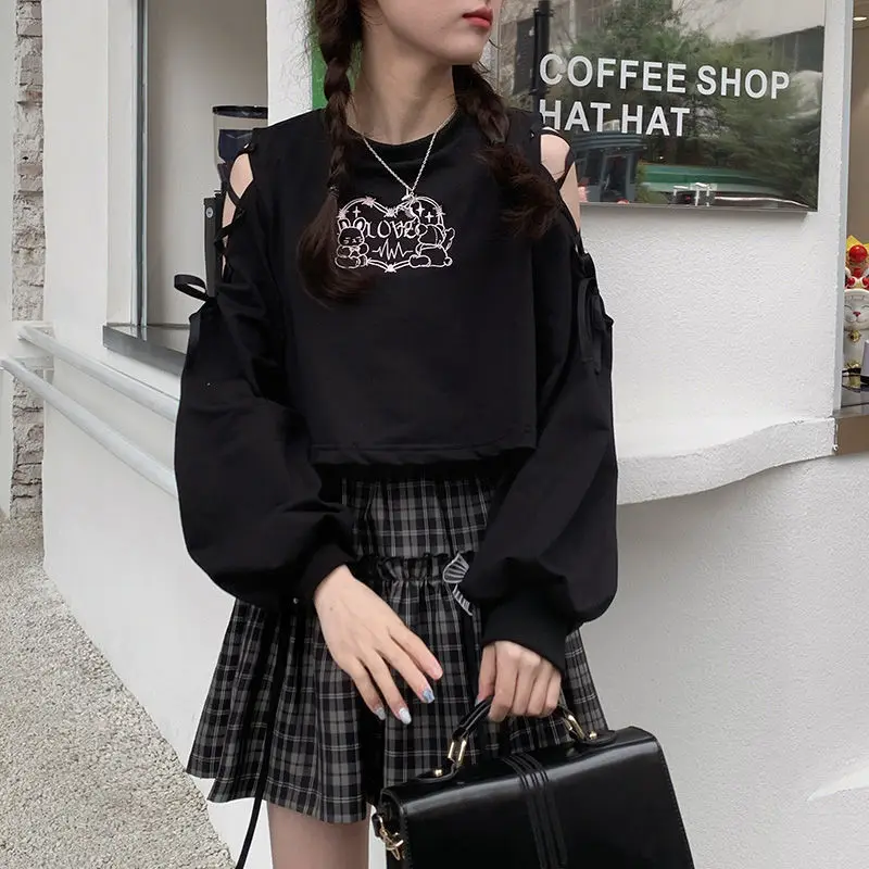 【 Two piece set 】 Off the shoulder long sleeved t-shirt women's sweater short top+plaid short skirt jk half skirt student set