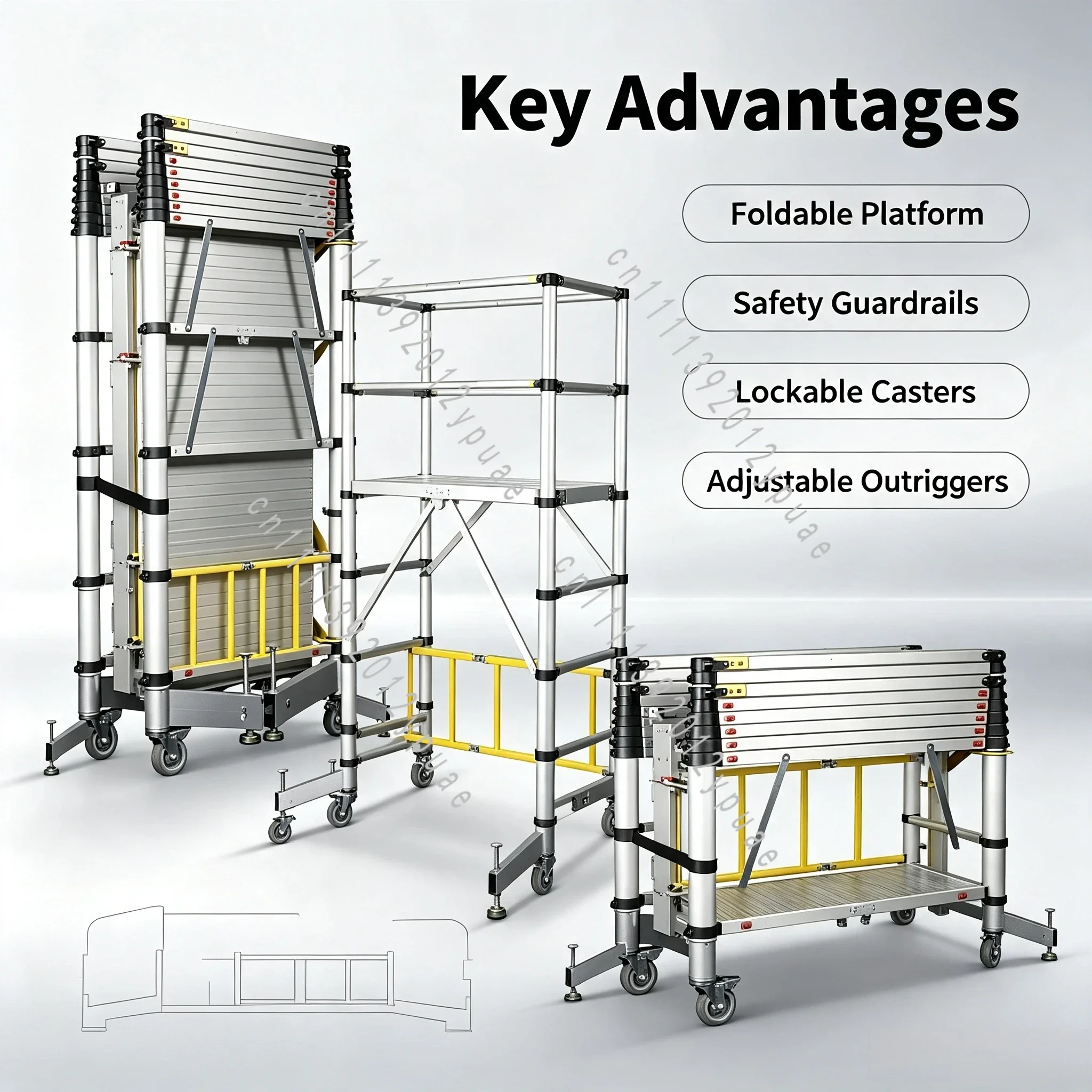 3-Section Telescopic Aluminum Mobile Scaffold Tower, Portable Working Platform Scaffolding, CE Certified