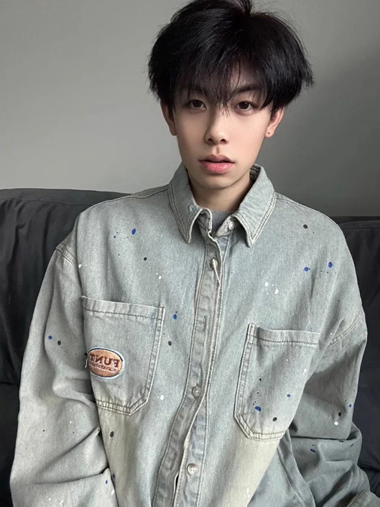 

Модная мужская легкая джинсовая куртка для повседневной носки, весенняя рабочая одежда, свободный крой, дышащий полиэстер с эффектом брызг чернил