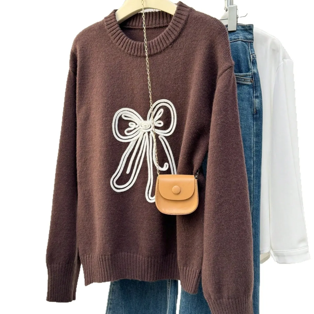Cute Bow Embroidery Sweater Women Korean Style Round Neck Loose Knit Tops Chic Casual Long Sleeve Pullovers Jumper Outerwear 5