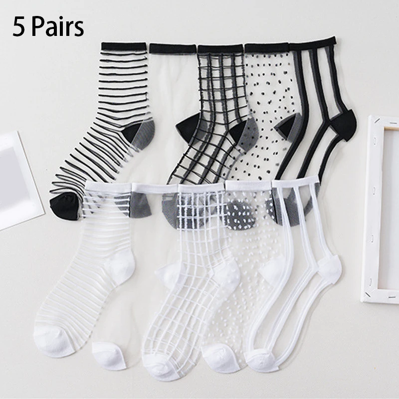 5 Pairs (Random Delivery) Women Transparent Glass Silk Stripe Dots Stockings Simple and Stylish Suitable for Daily Travel Wear