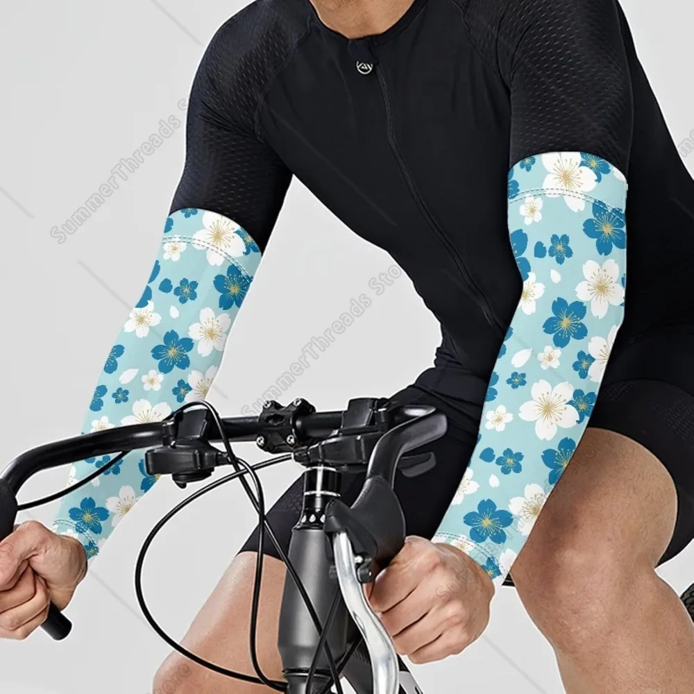 Blue Tropical Floral UV Sun Protection Arm Sleeves for Women Men, Cooling Sports Sleeves for Golf, Running, Cycling, Hiking