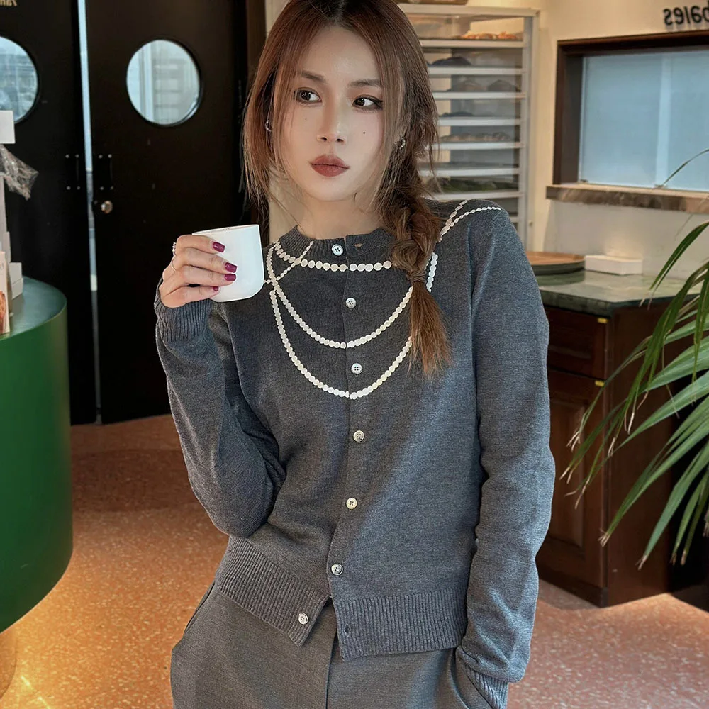 2024 Autumn Winter Sweaters for Women Vintage Pearl Necklace Print Knitted Tank Tops + Long Sleeve Cardigan Two piece Set Female