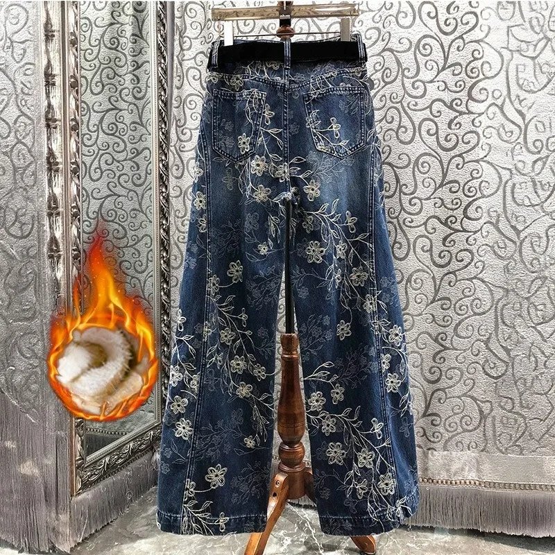 Blue Retro Commuter Embroidered Jeans Winter High-waisted Niche Fashion Fleece Thickened Straight-leg Pant  Fashionable Casual