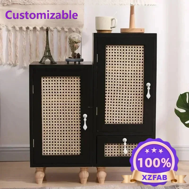Factory Direct 2026 Solid Wood Bedside Table Nordic Rattan Woven Storage Cabinet Multi-functional Sofa Cabinet with Drawers Home