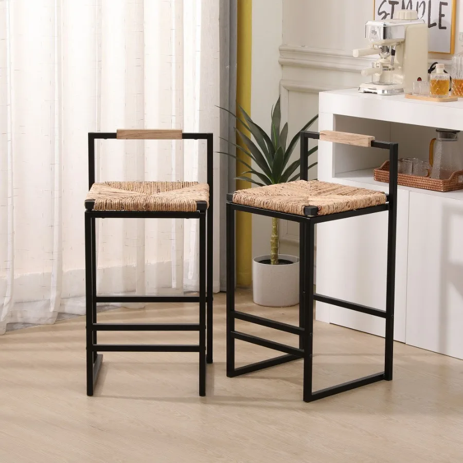 

Set of 2 Water Hyacinth Woven Bar Stools with Back Support Counter Height Dining Chairs for Kitchen Home Office Water Hyacinth