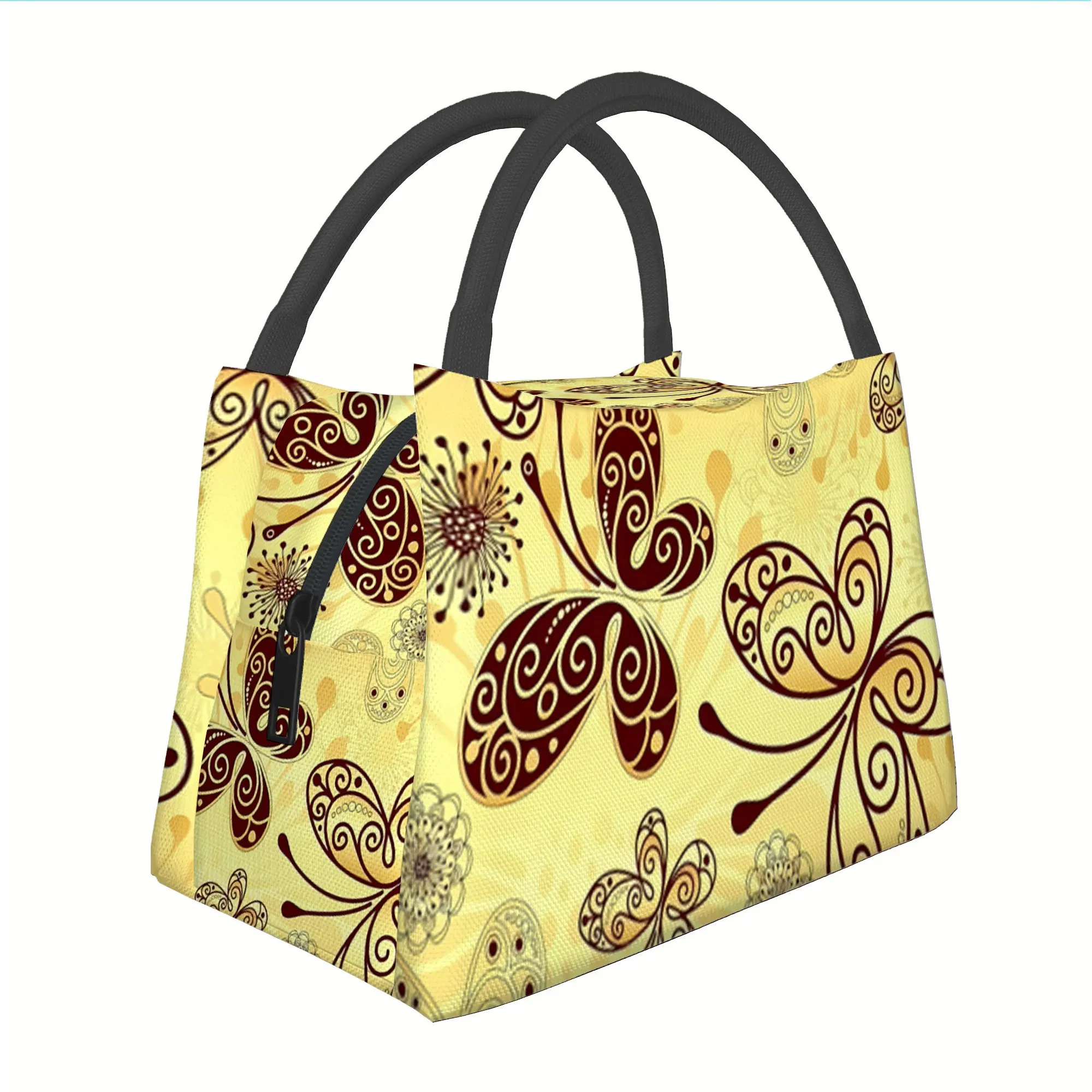 Golden Butterfly Pattern Insulated Tote Bag Portable Reusable Thermal Lunch Bag for Office Picnic Unisex