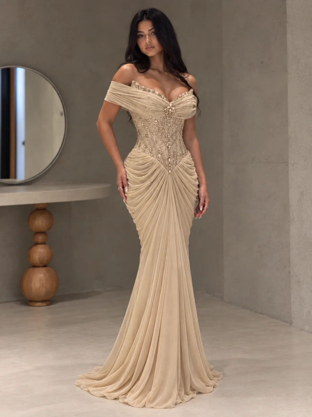 LumiGown Off Shoulder Champagne Mermaid Evening Dress Heavy Beaded Corset Ruched Tulle Formal Party Wedding Gown Custom