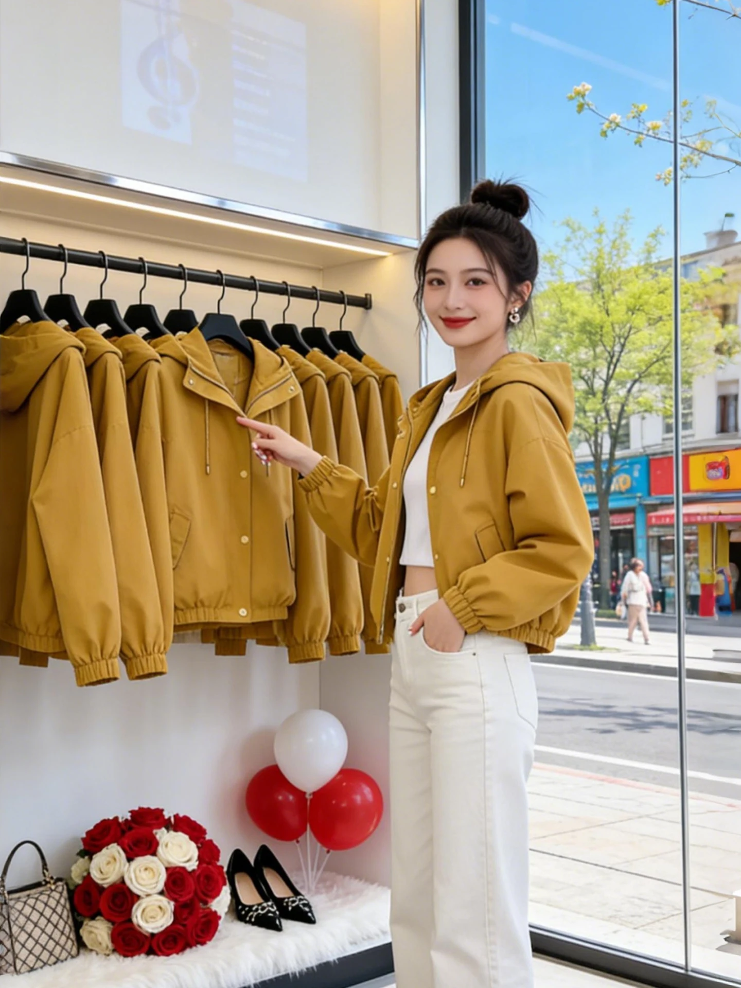 

Yellow Short Loose Fit Hooded Jacket Commute Style Women's Fashion Spring 2026 Breathable Casual Zipper Closure Coat