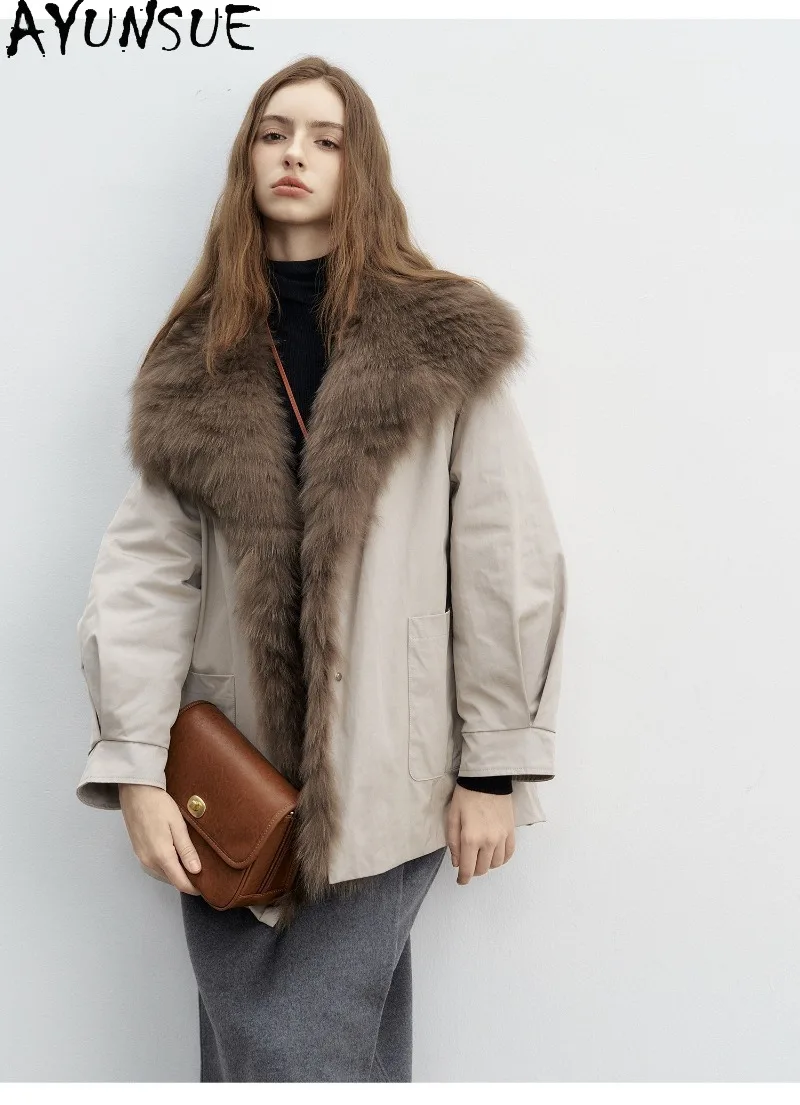 AYUNSUE Real Mink Fur Collar Womens Winter Clothes 90% White Goose Down Liner Short Parka Loose Fit Fashion Abrigos De Mujer