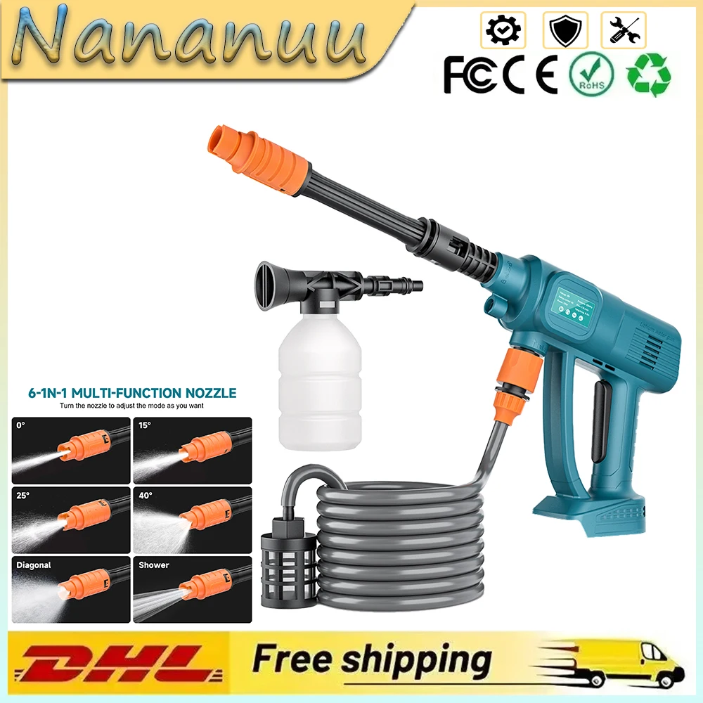 Nananuu-pistola lavadora de coche de alta presión inalámbrica, lavadora de coche, tubo de agua largo ajustable para batería Makita de 18V