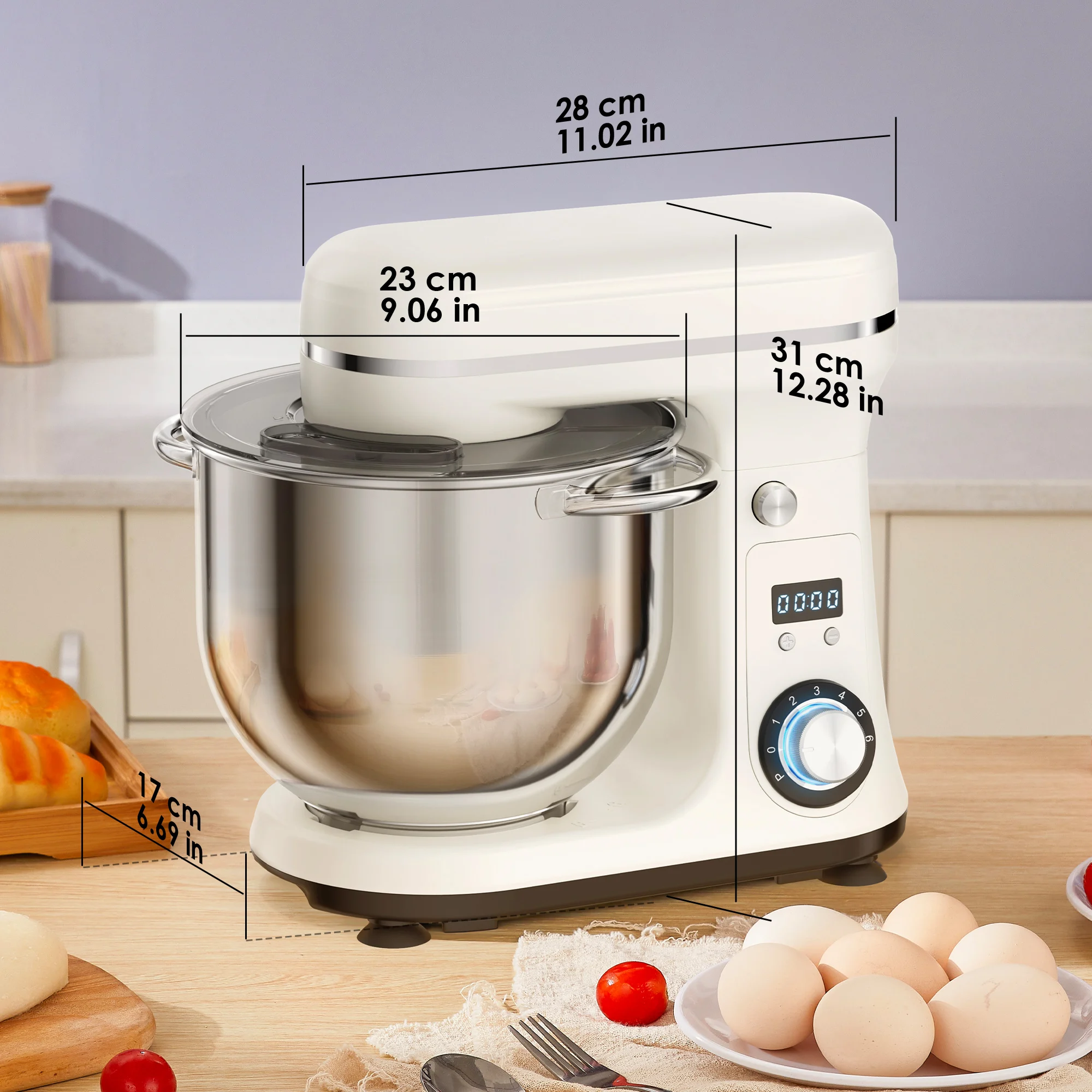 BioloMix 6-Gang-Standmixer für die Küche, 1200 W DC, leiser Motor, 6 l Edelstahlschüssel mit Sahne-Ei-Schneebesen, Peitsche, Teigkneter – Detail 7