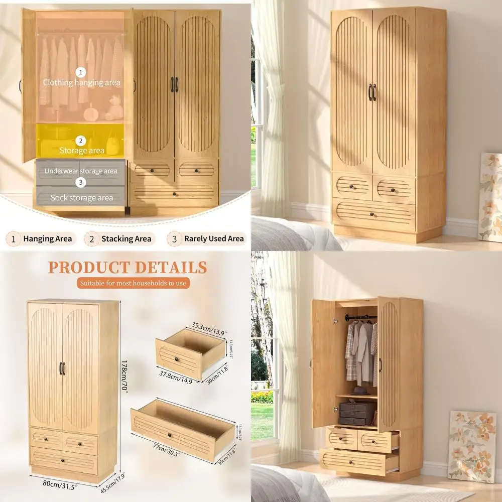 

Элегантный шкаф из натурального дерева с вешалкой и полками для спальни и прачечной