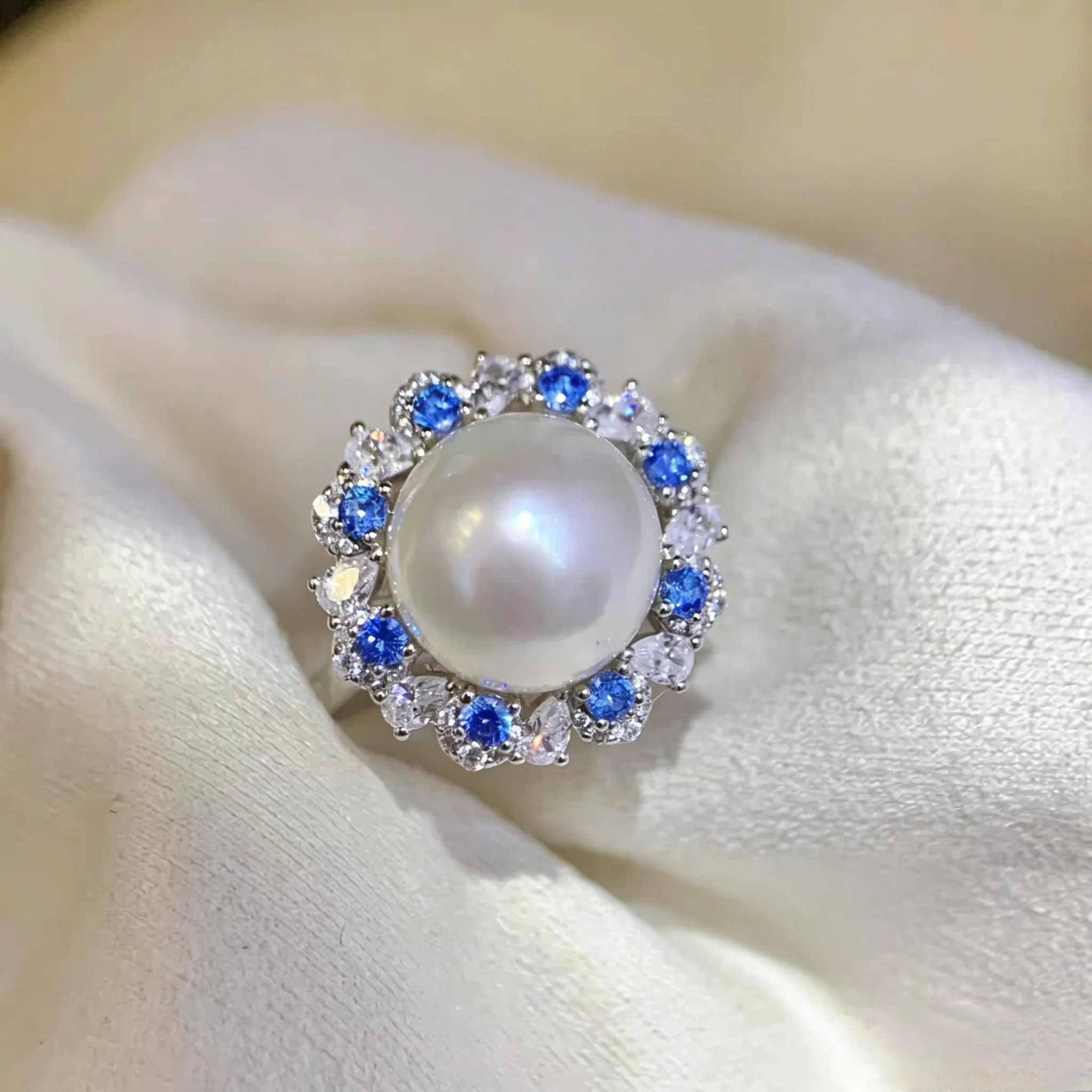 90 S925 Sterling silver blue zircon sunflower pearl ring, fresh, dazzling, sweet, ring, hollow