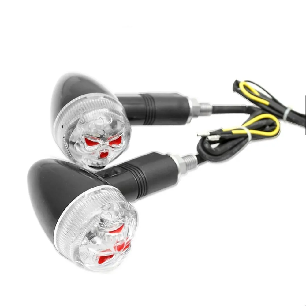 2pcs Universal LED 3D Skull Turn Signal Indicators Light Amber Lamp Motorcycle Bobber Cafe Racer Old School Bobber Touring Dirt