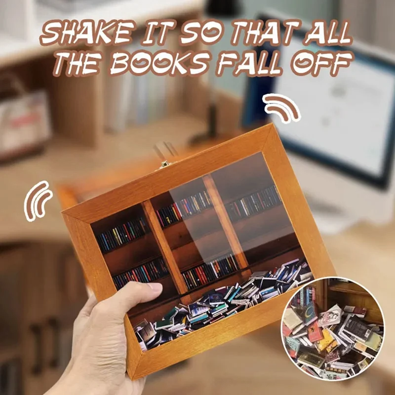 Shake Anxiety Bookshelf With 200Books Miniature Library Wooden Bookshelf Fidget Toys Shake Away Your Anxiety Creative A