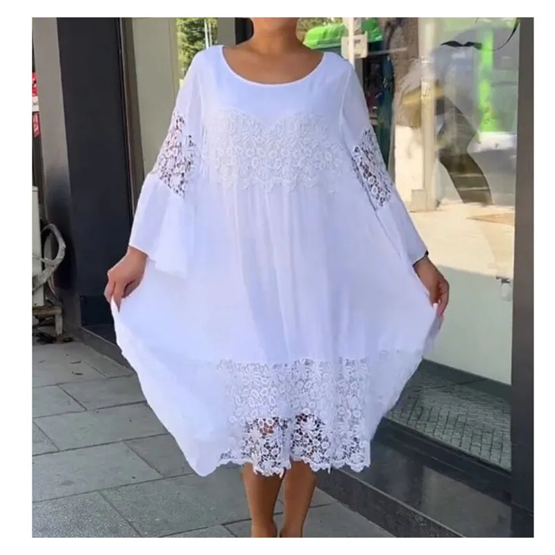 

2023 Pure White Dress Ladies New High-end Lace Lace Dresses Casual Vacation Loose White Dress Women Lace Patchwork Long Dress