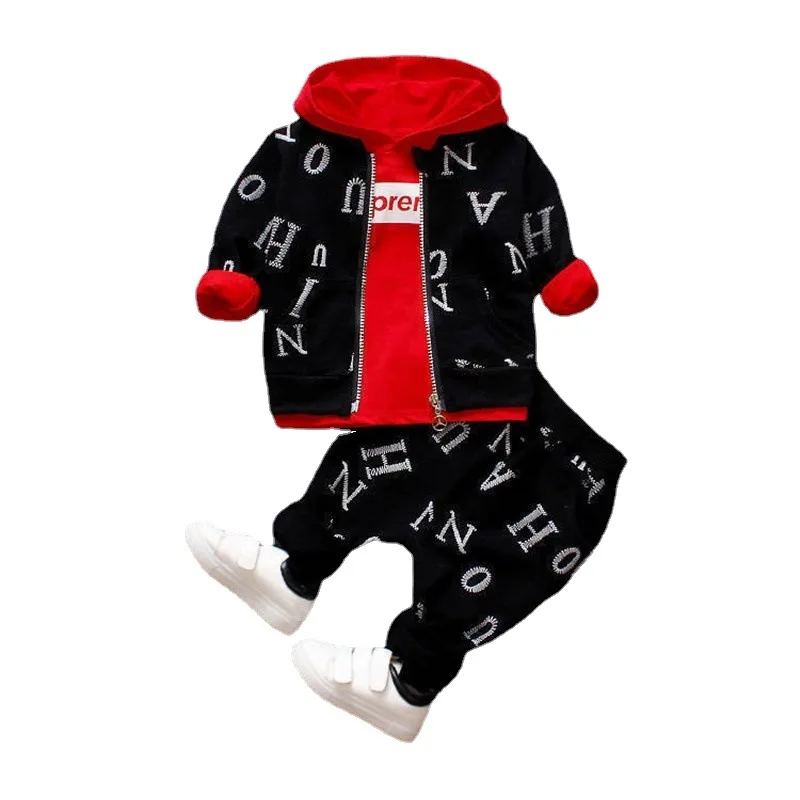 2023Spring autumn new boys zipper shirt three piece set children baby full printed letters hooded long-sleeved hoodie set 1 3 4Y