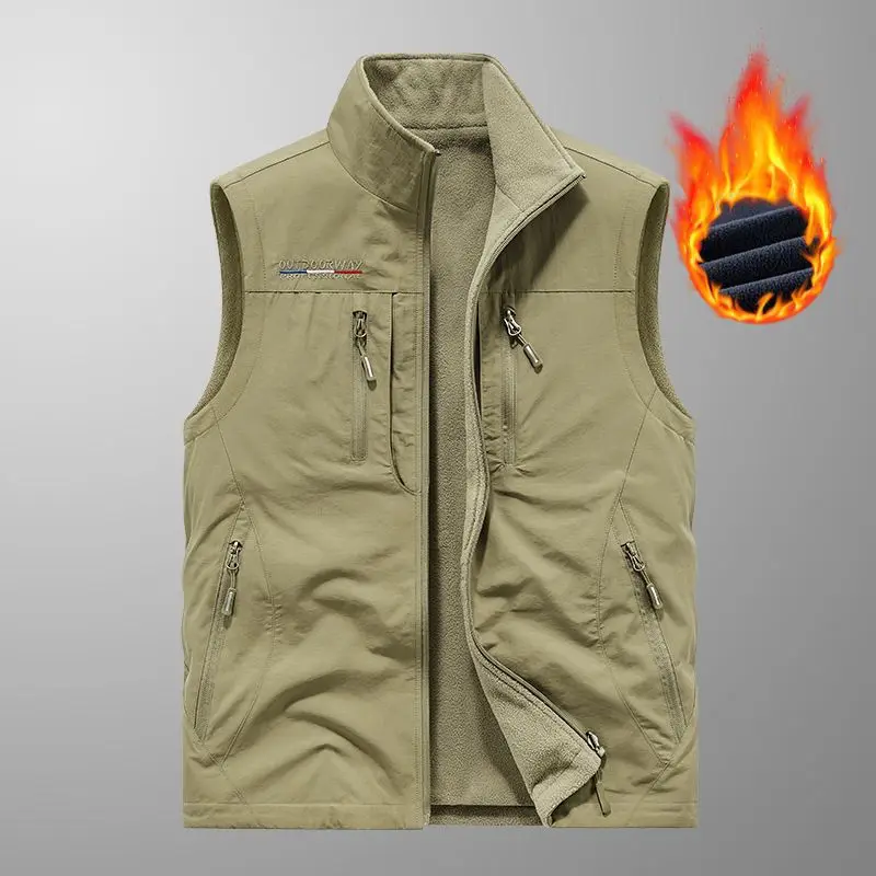 2026 Double-sided wear in autumn and winter men's outdoor fleece vest, brushed fleece pullover, thick jacket