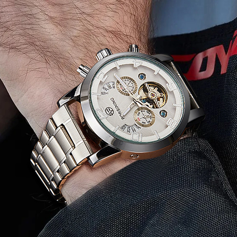 FORSINING Men\'s Watch Automatic Mechanical Date Day Full Calendar Tourbillon Skeleton Luminous Male Business Leather Wristwatch
