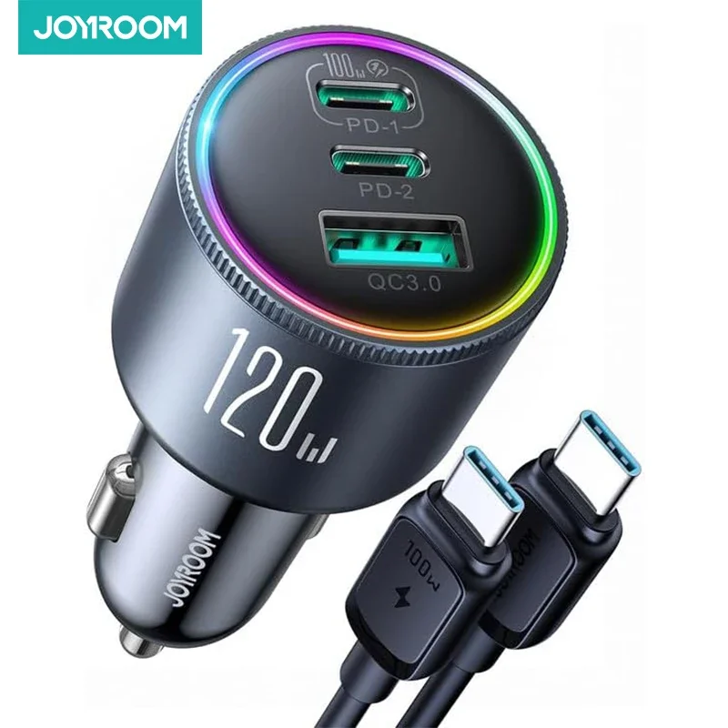 

Автомобильное зарядное устройство Joyroom 120 Вт USB C 3-портовое автомобильное зарядное устройство для телефона Быстрая зарядка нескольких устройств PD 100 Вт и 35 Вт QC 3.0/4.0