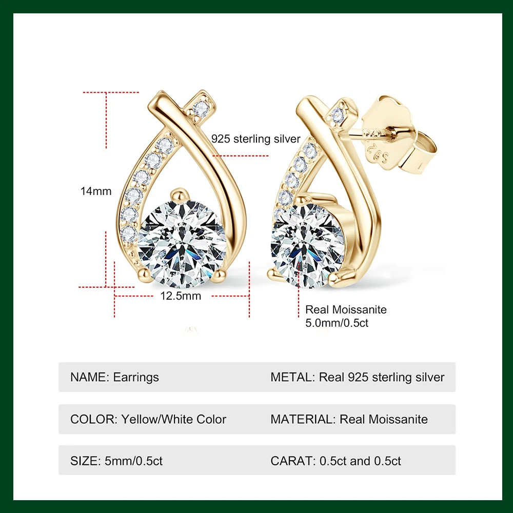 JEY 0.5ct Moissanite Earrings 925 Sterling Silver Cross Stud Earrings for Women Girls Korean Style Elegant Fishtail Earring Gift