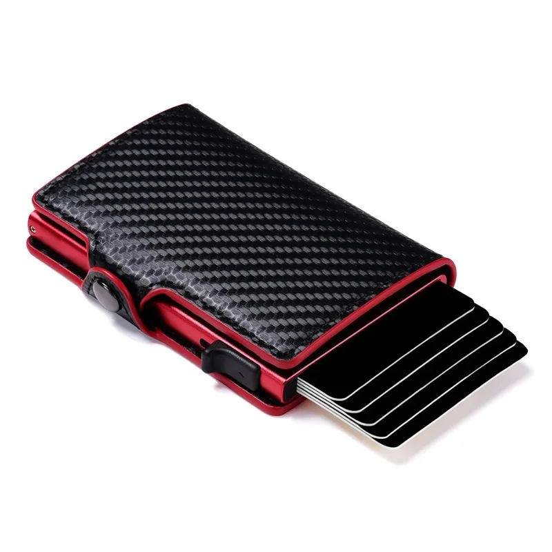 

CASEKEY Carbon Fiber Protector Credit Card Holder Tarjetero Hombre RFID Leather Single Box Smart Wallet Slim Pop Up Card Case