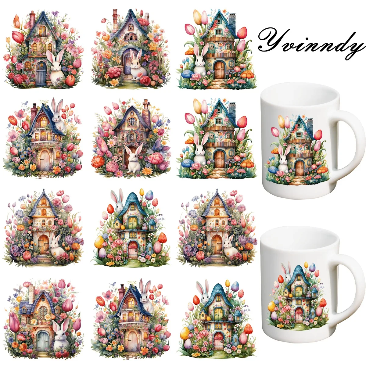 12 Stück/Set Ostern Tulpen-Hasen UV DTF DIY-Transferaufkleber für DIY-Becher (Nur der Transferaufkleber ist enthalten)