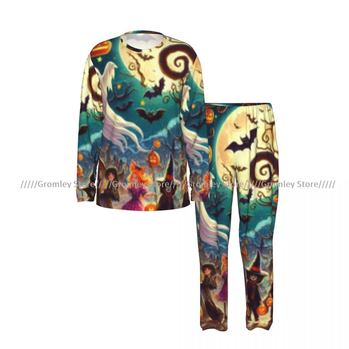 Halloween Pumpkins Bats And Ghosts Men's Pajama Set Long Sleeve T Shirt and Long Pants Sleepwear Male Nightwear Home Suit