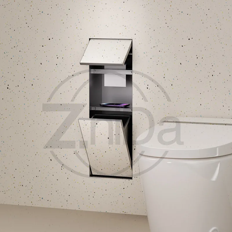 Matte Black 304 Stainless Steel Recessed Toilet Niche Tile-In Wall Cabinet with Hidden Trash Can And Tissue Box for Bathroom