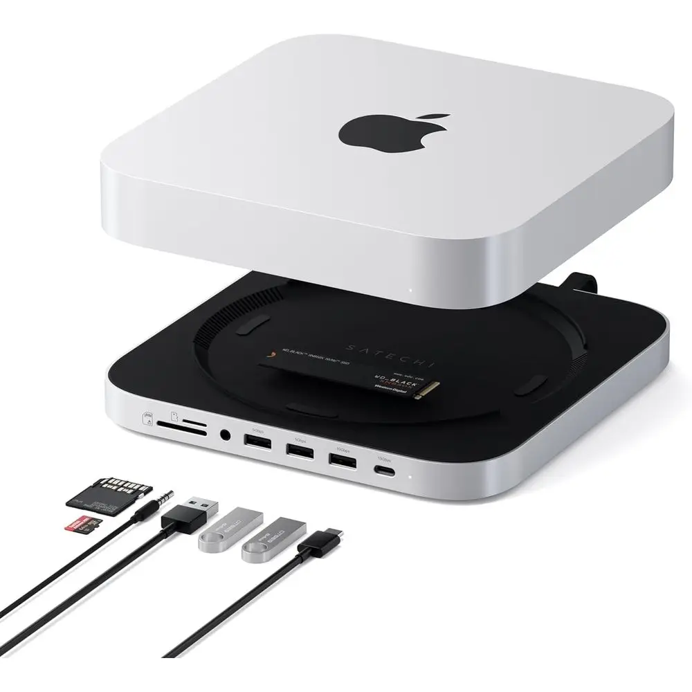 Compact SSD Enclosure for NVMe/SATA M.2, Mini Dock with USB-C 10Gbps, 3 USB-A Ports, Audio Jack, Silver