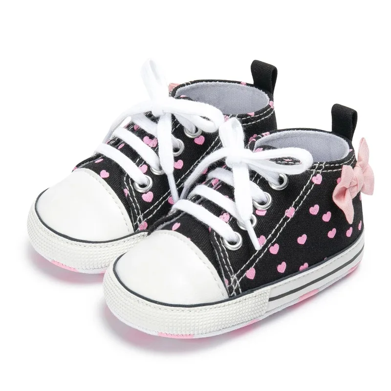 

Newborn Baby Girls Shoes Fashion Bowknot Heart Print Classic Canvas Casual High Tops Sneakers Soft Anti-slip Sole First Walkers