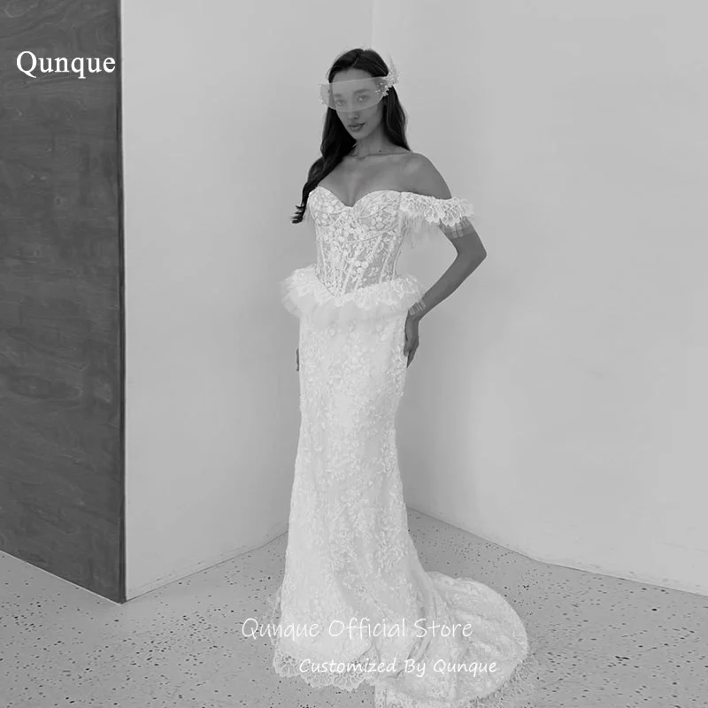 Qunque Pearls Off Shoulder Bridal Wedding Dress Ruffled Tulle Waist Evening Dresses Mermaid Vestido De Novia Boda Customized