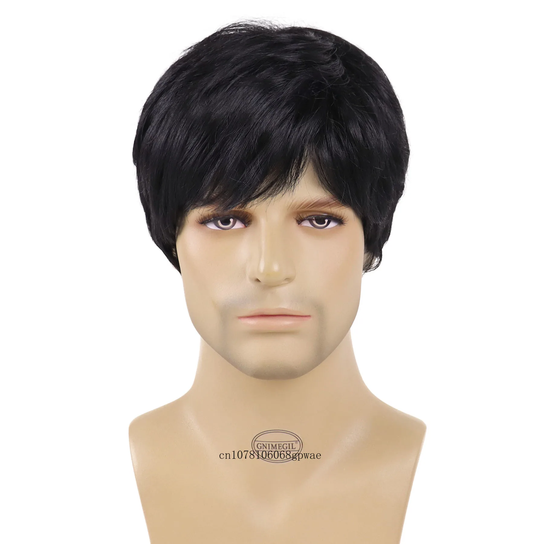 Mens Short Black Wigs Synthetic Hair Casual Wig with Bangs Soft Straight Korean Style Heat Resistant Daily Party Costume Use