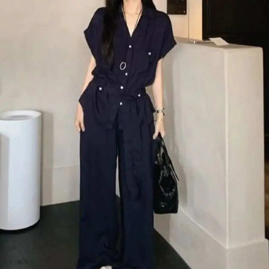 

Lazy Style Two-Piece Solid Color V-Neck Short-Sleeved Shirt Slimming Drooping Casual Trousers Women Summer New Niche Suit