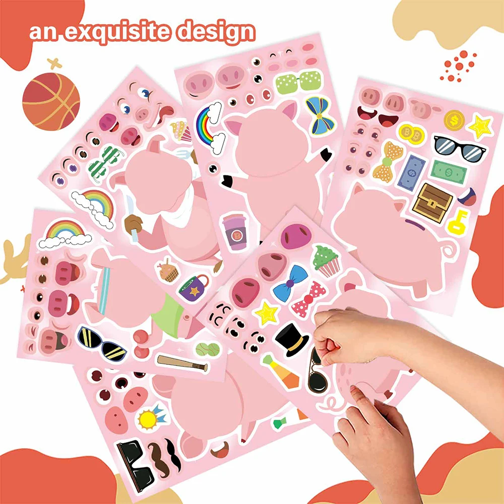 6/12Sheets Make a Face Pink Pig Puzzle Stickers Cute Animals Assembly Jigsaw Kids DIY Education Toys Party Game Decoration Gifts