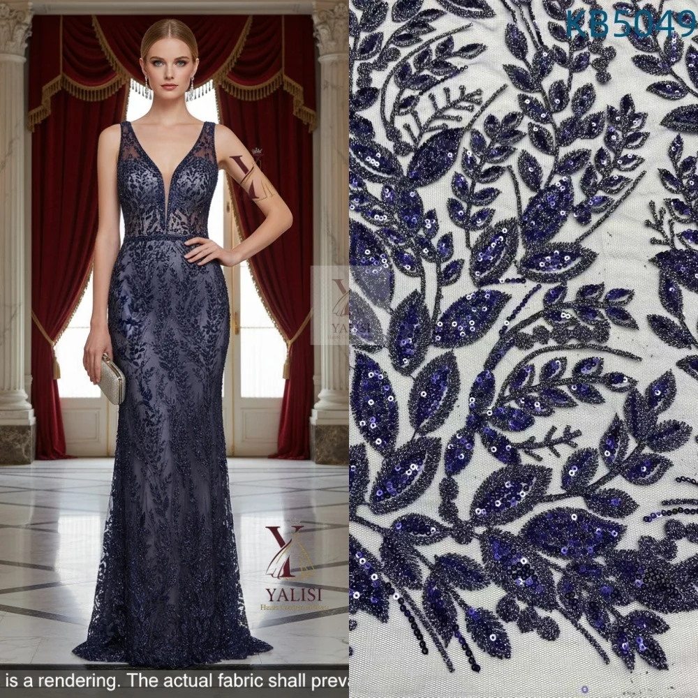 

5 ярдов новейшей кружевной ткани высокого качества 2026 года, королевский синий цвет, с пайетками, тюлевое кружево, вышитая французская сетка для шитья KB5049